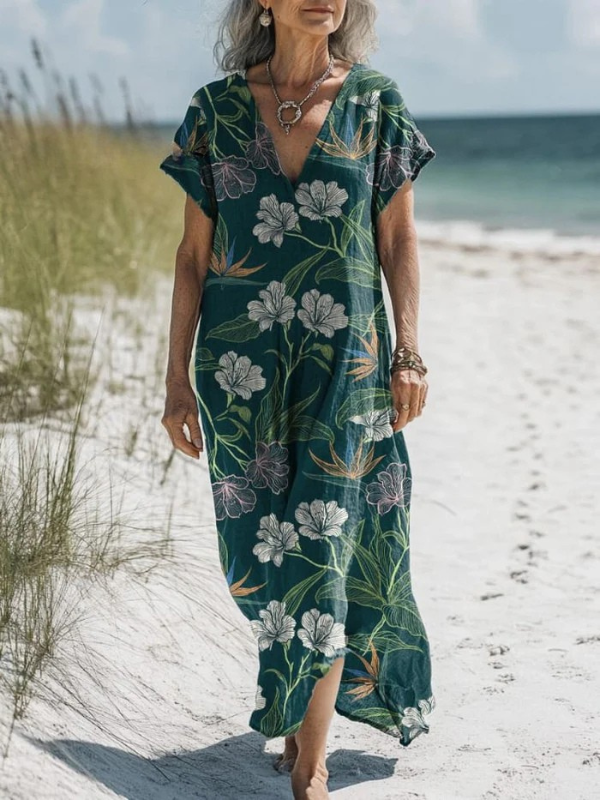 Midnight Tropical Floral Pattern Printed Women's Pocket Dress