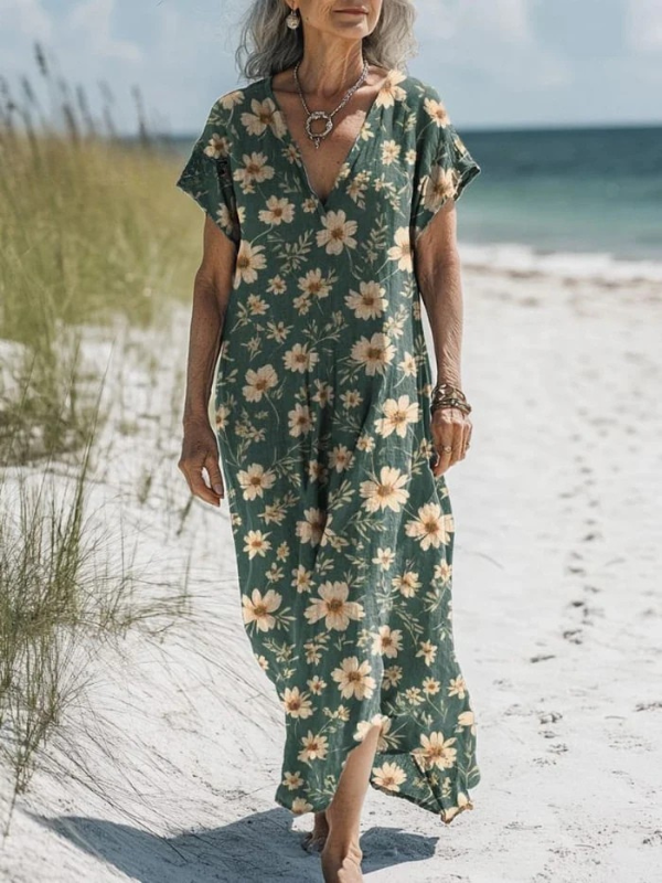 Spring Daisy Pattern Printed Women's Pocket Dress