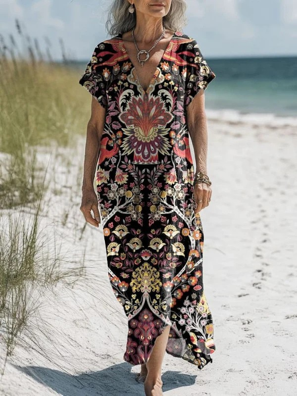 Women's Vintage Lovely Floral Art Print Pocket Dress