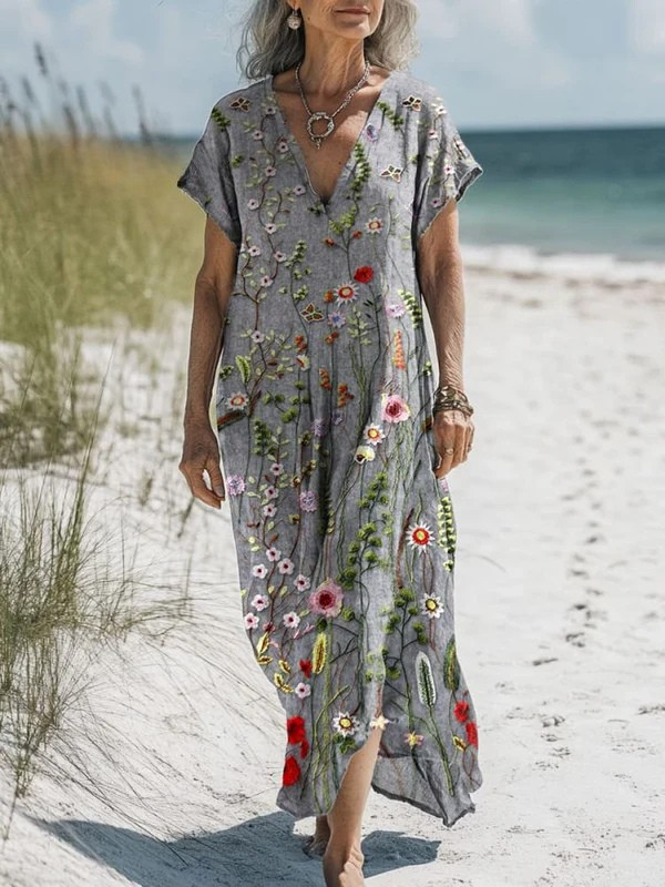 Women's Vintage Lovely Floral Art Print Pocket Dress